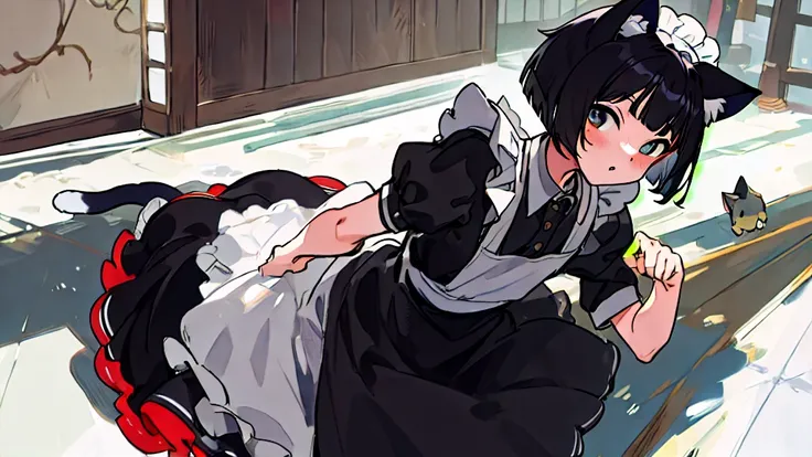 masterpiece、Highest quality、Black Hair、Cat ear、Bob Hair、Maid clothes、turn around