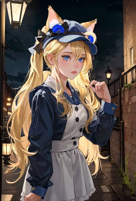 (best quality,4k,highres,masterpiece:1.2),ultra-detailed,realistic:1.37,blonde girl with long pigtails,blue eyes, wearing a cat ear hat, blue cloghting, night background, street lamps lighting up the scene
