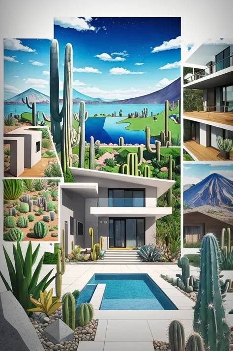 An illustration, collage style, David Hockney visual style, (((Luis Barragáns architectural style houses in middle of a lake))), big boulders, little cascade, mountains, volcanos, volcanic landscape, pool, stairs, beautiful gardens, abundant vegetation, ca...