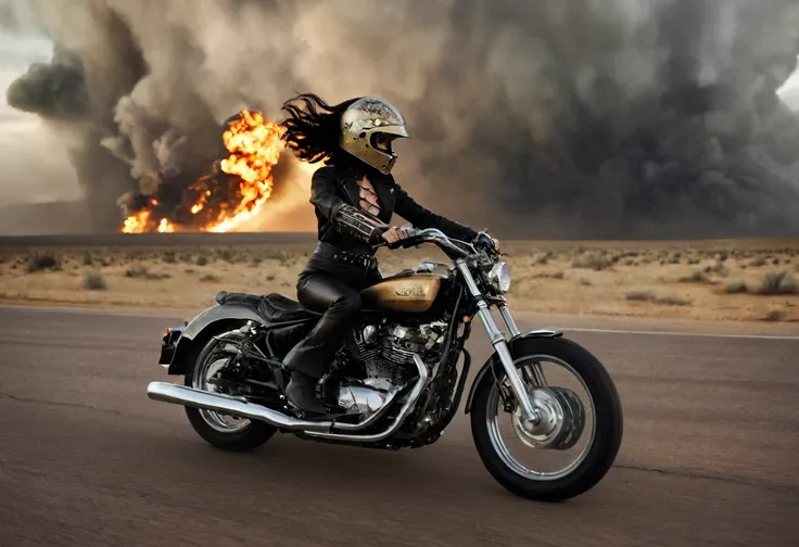 Long view shot photo of a woman with a vintage 70s aesthetic, shiny metallic skeleton as her helmet, black wavy hair, black leather outfit with intricate detail, a big tornado at the background, warm tones, faded colors, cinematic, nostalgic feel, candid p...