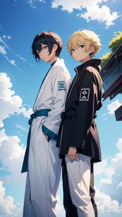 Young Ren and young Minato、Scene of standing on white clouds in a blue sky。Behind them is blue々The clear sky background spreads out.。Len has short black hair and green eyes.、Wearing casual adventure clothing。Minato has short blonde hair and blue eyes.、Wear...