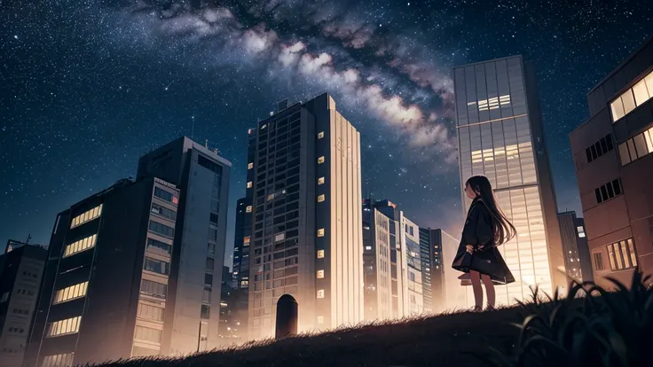 Octane, null, star (null), scenery, starry null, night, One girl, night null, alone, Outdoor, building, cloud, milky way, Sitting, wood, Long Hair, city, silhouette, cityscape  、Blonde、Japan、Ghibli、countryside、There is little electricity、dark、starnull