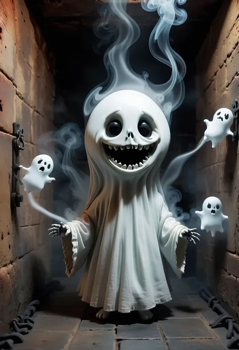 little cute ghost made of smoke floats fearfully in a medieval torture chamber