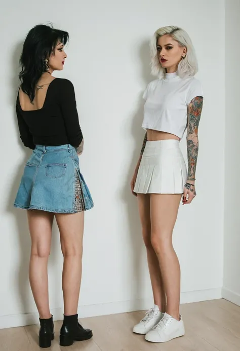 two women in short skirts standing next to each other in a room with a wall and a white wall, transgressive arti, a tattoo, fully clothed