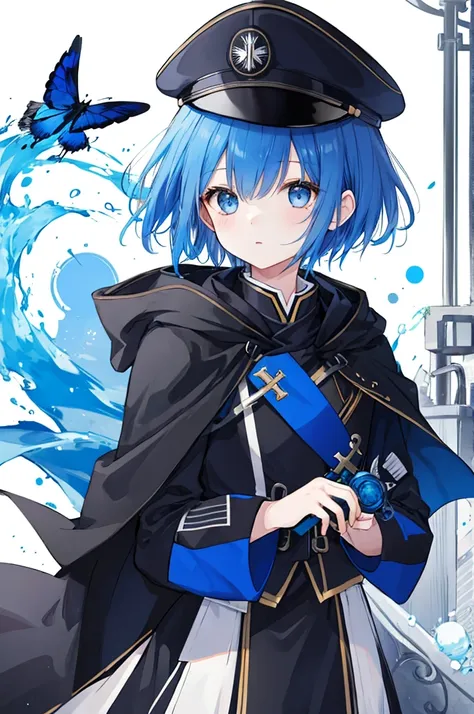 Girl、Blue hair short、Black cloak、German Officer Uniform