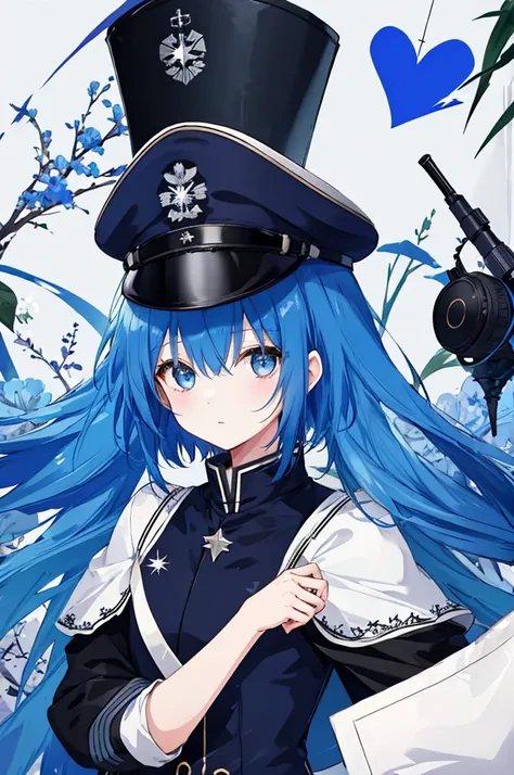 Girl、Blue hair short、Black cloak、German Officer Uniform