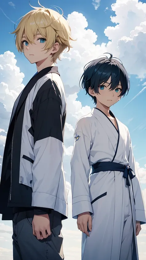 Young Ren and young Minato、Scene of standing on white clouds in a blue sky。Behind them is blue々The clear sky background spreads out.。Len has short black hair and green eyes.、Wearing casual adventure clothing。Minato has short blonde hair and blue eyes.、Wear...