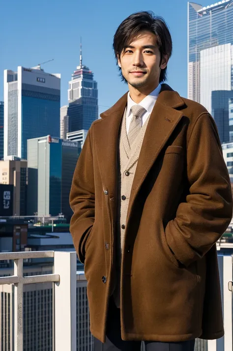 Photorealistic, 8K full-body poster, Handsome, Japanese, 25-year-old male, Attractive look, Detailed facial details, Tokyo, Winters, Shibuya in the background