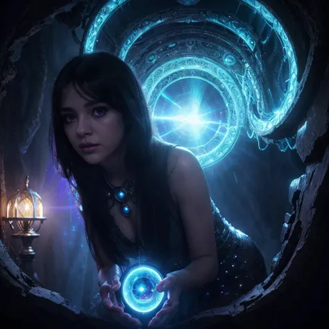 1girl, beautiful detailed eyes, beautiful detailed lips, extremely detailed face, long eyelashes, black hair with bangs, looking at an interdimensional portal, fantasy portal, mystical portal, dark fantasy, surreal, cinematic lighting, vibrant colors, volu...