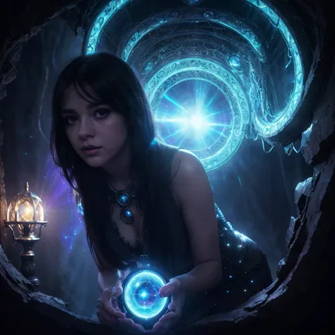 1girl, beautiful detailed eyes, beautiful detailed lips, extremely detailed face, long eyelashes, black hair with bangs, looking at an interdimensional portal, fantasy portal, mystical portal, dark fantasy, surreal, cinematic lighting, vibrant colors, volu...