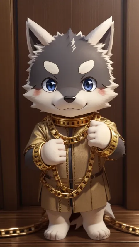 kuugo jr looking at the viewer and a gold chain (chibi)