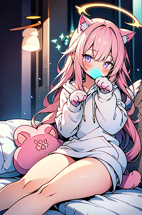 anime style,Angel shota,(((glowing Paw-shaped halo))),cat ears,pink long hair,white hoodie,angel wings,good night!,down on pillow,Faint lighting, hazy outlines,love you,Smooth thighs