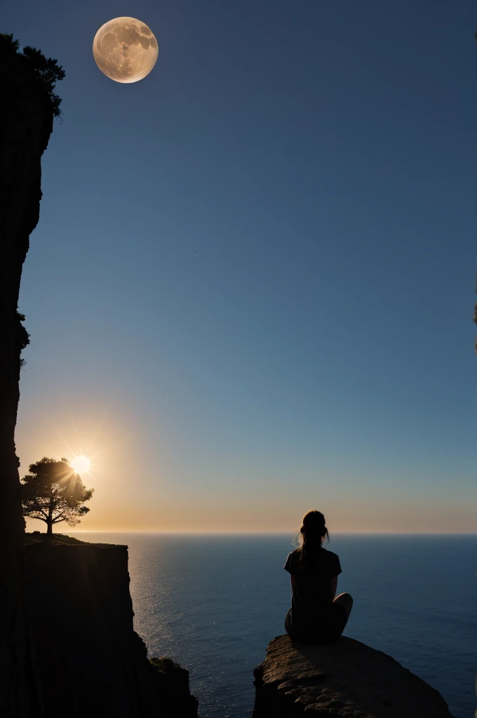 The silhouette of a poor girl on the top of a cliff watching the night and day the moon and the sun