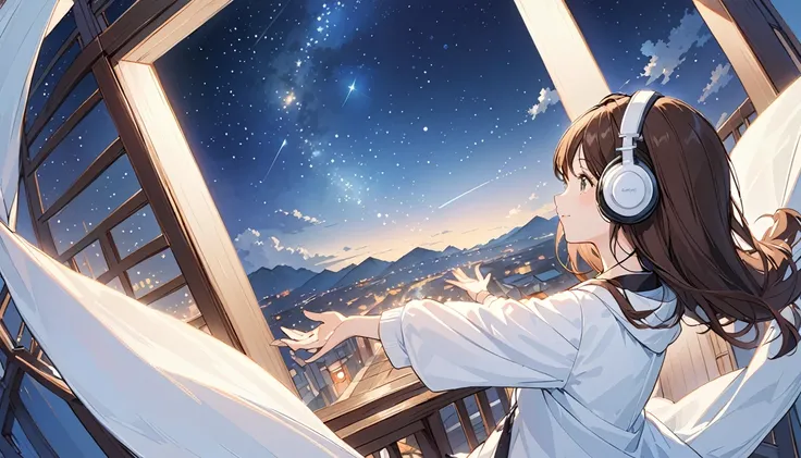 Girl wearing headphones,Towards the starry sky,Top view,Brown Hair,One girl,relax,The background is night,