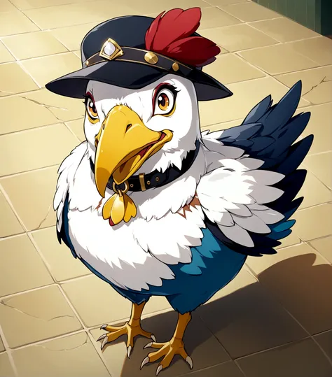 solo, looking at viewer, hat, standing, full body, collar, cosplay, no humans, bird, scar, scar on face, scar across eye, tiles, tile floor, animal focus, chicken, beak