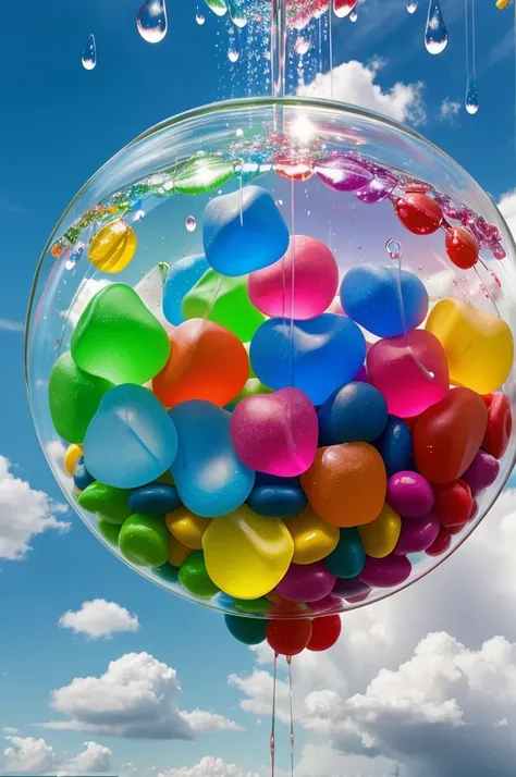 Candy Rain: Visualize colorful raindrops falling from marshmallow clouds, each drop resembling different types of candies like gummy bears, jelly beans, and chocolate kisses