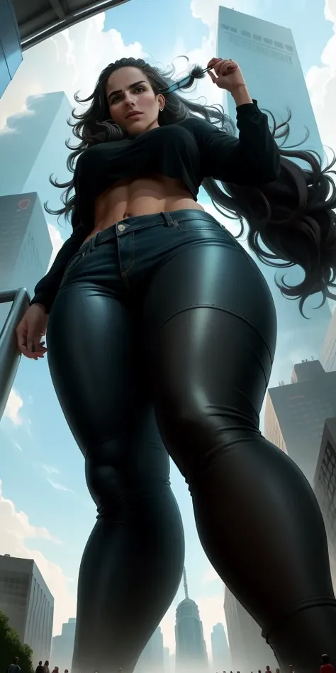 "A towering Giantess in a cool and laid-back hippie style is rocking a crop top and baggy pants. Her toned and athletic build hints at her massive strength. She seems to be casually strolling through the bustling cityscape of GTS City, as towering building...