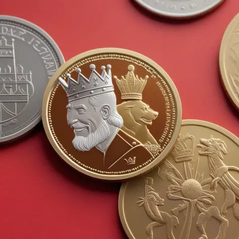 ersonage king, Disney Pixar inspired on coin, He wears a crown, smiling, next to it is an image of the king in profile