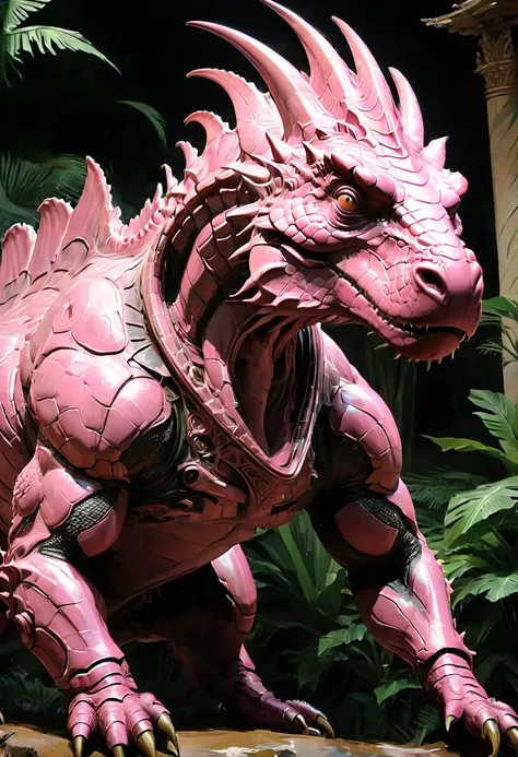 Pink Dinosaur, dynamic, by ashley_wood, best quality, masterpiece, very aesthetic, perfect composition, intricate details, ultra-detailed