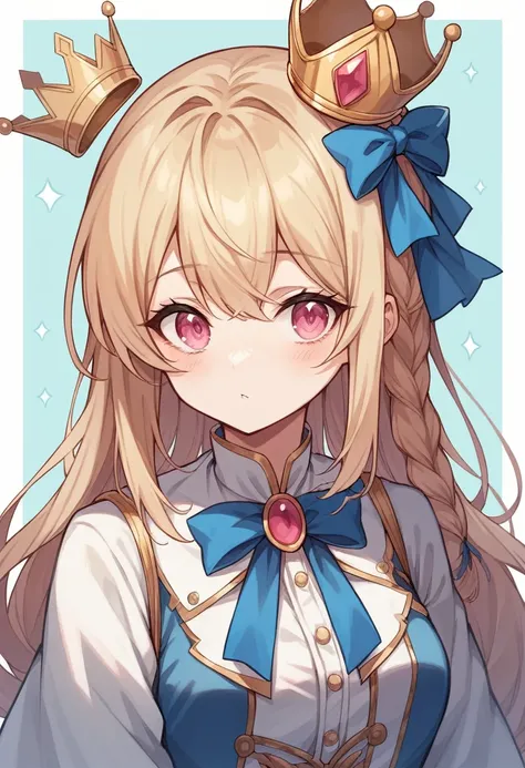 白髪のアニメ風のgirl,Long Hair,Light blue inner color,Hair braided on the right side,Deep pink eyes,Golden Crown,girl,high resolution,Best Image,Clothes like silk,White and blue outfit,Light blue ribbon around the neck