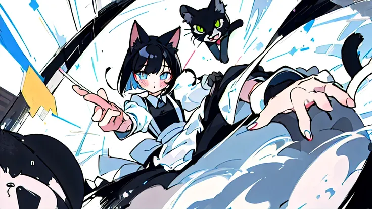 masterpiece、Highest quality、One Girl、Black Hair、Cat ear、Bob Hair、Maid clothes、Reaching out