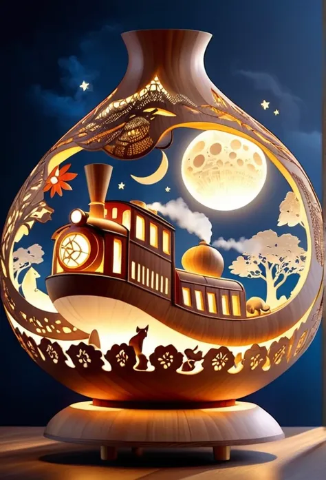 Gourd lamp. A lamp in the shape of a gourd. Delicate design. Beautiful luster. Shapes of the moon, sun, stars and animals are carved out. When lit, beautiful patterns emerge. Relaxing. 
steam locomotive、Paper Art、Three-dimensional, colorful、Delicate and be...