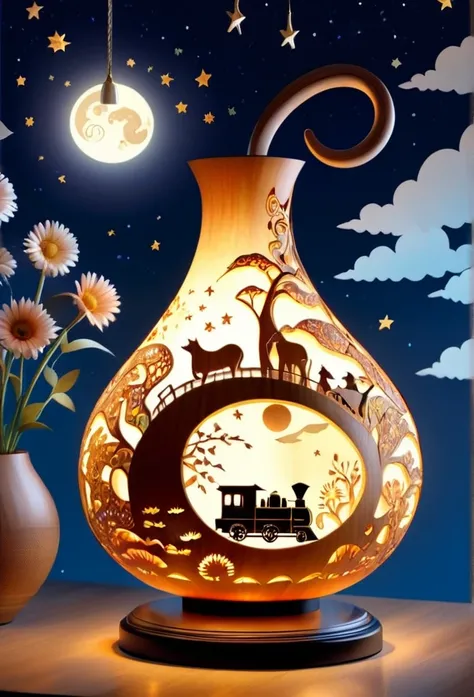 Gourd lamp. A lamp in the shape of a gourd. Delicate design. Beautiful luster. Shapes of the moon, sun, stars and animals are carved out. When lit, beautiful patterns emerge. Relaxing. 
steam locomotive、Paper Art、Three-dimensional, colorful、Delicate and be...