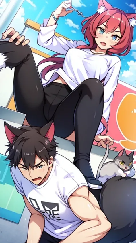 The cat-eared animal girl wears a white shirt and black pants 