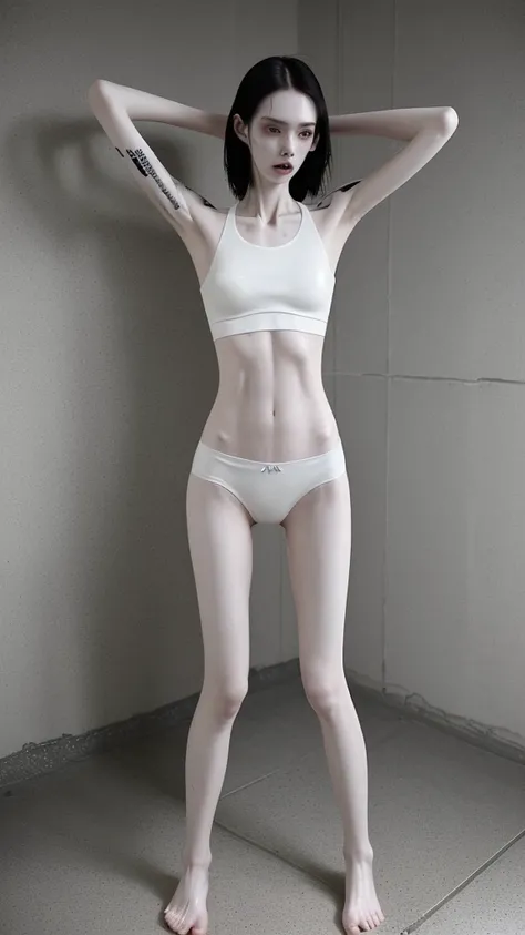 a woman, very thin body, body visible bones, very slender, pale white skin, sweaty wet body, sport bra , sport panties, tatto, full body, has a mental breakdown in an underground prison