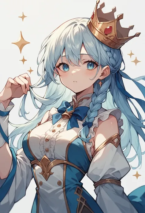 An anime-style girl with white hair and inner layers of her hair dyed light blue.Hair braided on the right side,Golden Crown,Clothes like silk,Blue and white outfit,Light blue ribbon around the neck
