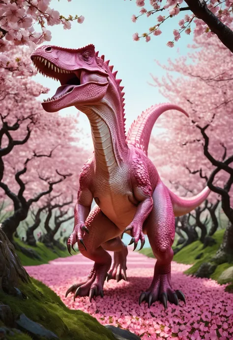 (Pink Dinosaur), the image mainly depicts a pink Tyrannosaurus Rex with delicate pink scales draped over its body, leisurely strolling in the pink cherry blossom forest. Sakura petals dance lightly in the wind and fall on its back, creating a warm and harm...