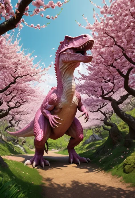 (Pink Dinosaur), the image mainly depicts a pink Tyrannosaurus Rex with delicate pink scales draped over its body, leisurely strolling in the pink cherry blossom forest. Sakura petals dance lightly in the wind and fall on its back, creating a warm and harm...