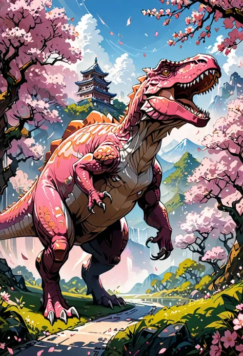 (Pink Dinosaur), the image mainly depicts a pink Tyrannosaurus Rex with delicate pink scales draped over its body, leisurely strolling in the pink cherry blossom forest. Sakura petals dance lightly in the wind and fall on its back, creating a warm and harm...