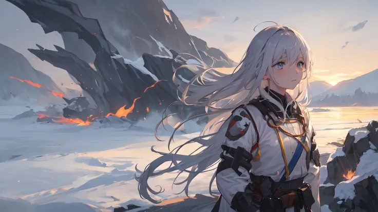 masterpiece:1.2), best quality , 独奏 ,pixiv, anime girl ，long straight white hair , black eyes ,wearing off-white camouflage unif...