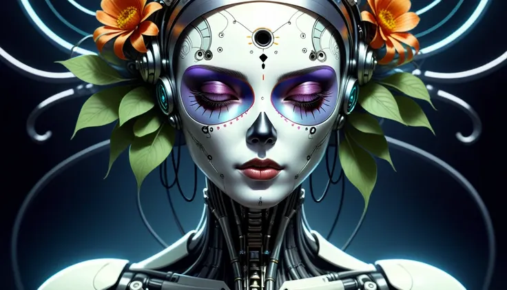 CyberpunkWorld ultra detailed portrait of a female android, eyes closed, 8 k, sci - fi, flowerpunk, fantasy, moody, calm, ( dia de los muertos ), asymmetrical, intricate concept art, art by artgerm and giger and michael welan and alphonse mucha and loish a...