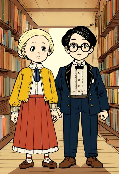 In a whimsical attic by Wes Anderson, two smart and lively English girls, 11 and 10 years old, one of them has blonde hair, the other has black hair and glasses. , are ready to go to school, I&#39;m in a bad mood, classic drawing style, characters reminisc...