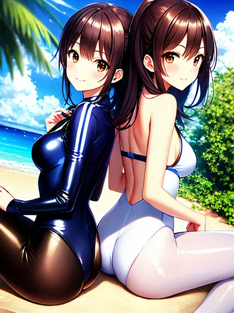 masterpiece, Highest quality, superior_Mikoto, Brown eyes, View your viewers, alone, Small breasts, superior半身, (Swimwear), Beach, Outdoor, , smile, close_mouth, ((Crossing your legs)), ((Are standing)), Abusing lens flares,  One-piece suit, Bodysuits, Shi...