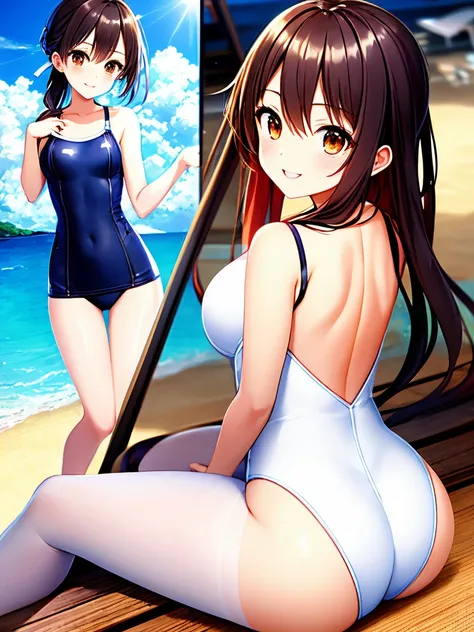 masterpiece, Highest quality, superior_Mikoto, Brown eyes, View your viewers, alone, Small breasts, superior半身, (Swimwear), Beach, Outdoor, , smile, close_mouth, ((Crossing your legs)), ((Are standing)), Abusing lens flares,  One-piece suit, Bodysuits, Shi...