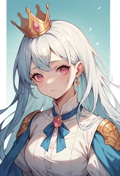 The main character is a white-haired girl,long hair,Inner color is light blue,Golden Crown,Deep pink eyes,Clothes like silk,Blue and white outfit,Light blue ribbon around the neck