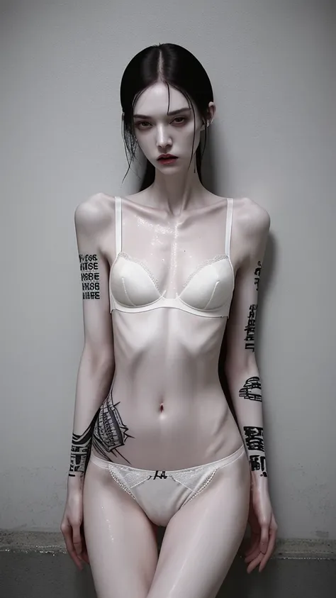 a woman, very thin body, body visible bones, very slender, pale white skin, sweaty wet body, panties, bra,tatto, full body, has a mental breakdown in an underground prison.