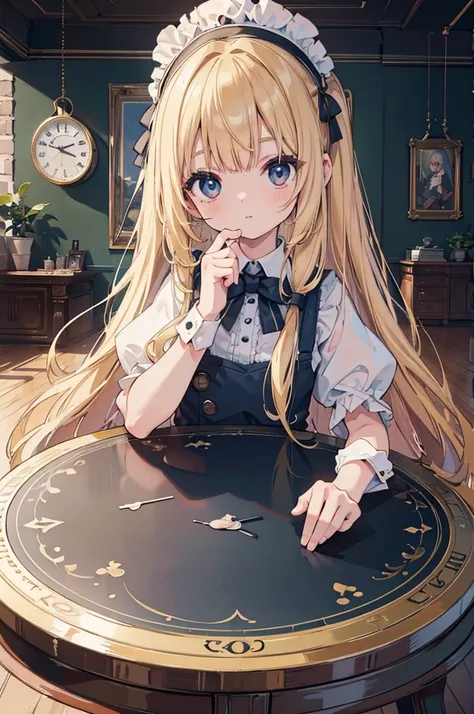 (8K, best quality, On the table:1.2)、Ultra-high resolution、A 12-year-old girl, Delicate face、Black eyes, Blonde, Long hair, Alice in Wonderland, Rabbit with clock