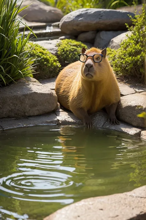 A capybara wearing glasses is dazed as he soaks in a hot spring.