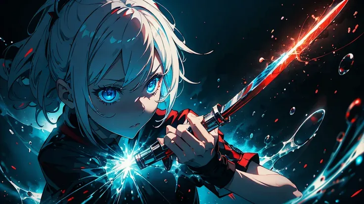 Gril, loli,white hair, blue eyes,Holding a knife, red liquid and red blood, living room background.HD lighting and dark )(epic image quality) dark atmosphere with bright particle light(many effects in background)