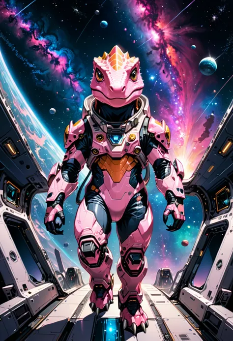 (Pink Dinosaur), the image mainly depicts a pink little dinosaur wearing a space suit, stepping on a small rocket, and curiously looking towards the camera in the background of a brilliant galaxy, as if just completing an interstellar crossing. The backgro...