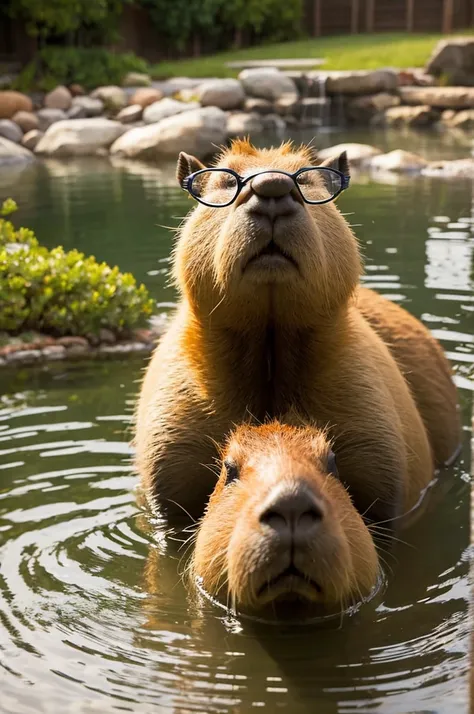 A capybara wearing glasses is dazed as he soaks in a hot spring.