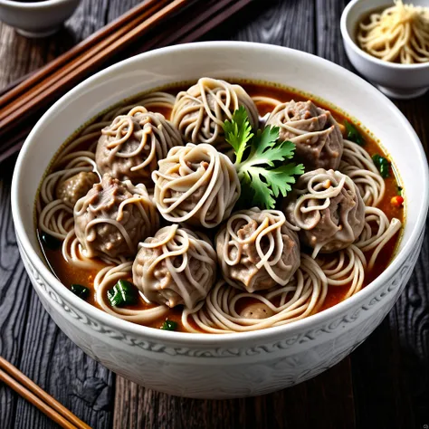 closeup photograph bakso in a ceramic white bowl on a beautiful wood table, intricate details, hyperdetailed photograph, dark contrast, award winning composition, dark shadows, 8k resolution, food photography