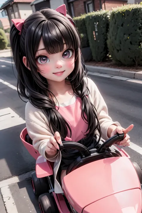 a cute girl driving a pink dinosaur (kart)