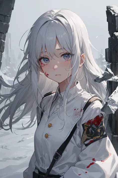 masterpiece:1.2), best quality , 独奏 ,pixiv, anime girl ，long straight white hair , black eyes ,Wearing off-white camouflage uniform ,ten years old，modern battlefield，(Eyes looking into the distance:1.3)，(look away:1.5)，snowy weather，dirty face，blood on for...