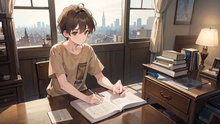 A 15 year old boy, short light brown hair, wearing brown shorts and beige t-shirt, sitting down `the study table, writing in a notebook, with 1 open book, and only the light from a small lamp. Through the window, a view of the city, `the night, with reflec...