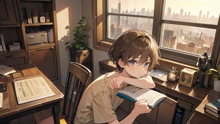 A 15 year old boy, short light brown hair, wearing brown shorts and beige t-shirt, sitting down `the study table, writing in a notebook, with 1 open book, and only the light from a small lamp. Through the window, a view of the city, `the night, with reflec...